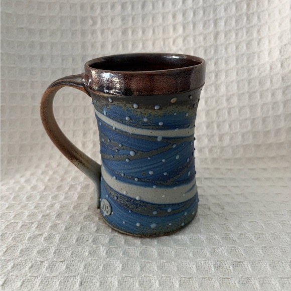 Beautiful Handmade Pottery Mug In Blue, Brown & Gray With Raised Dots And Swirls - Picture 3 of 7